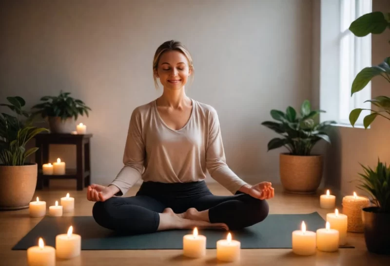 imagem de uma mulher com pernas cruzadas praticando yoga como prevenção da candidíase vulvovaginal de repetição
