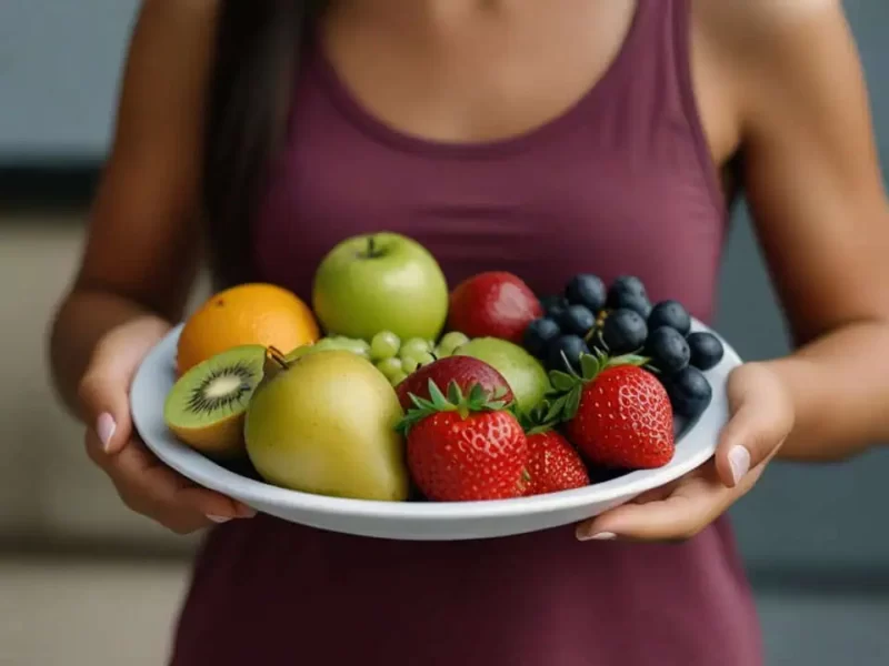 imagem de uma mulher segurando um prato com frutas e alimentos coloridos proprios da dieta utilizada para tratar a candidíase de repetição