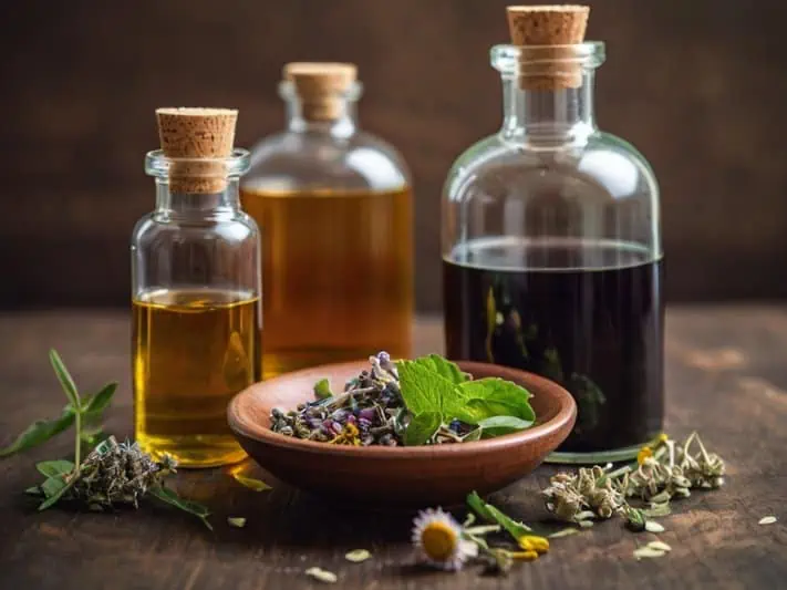 frascos de óleos para candidíase e ervas medicinais utilizadas como remédio contra candidíase no esôfago