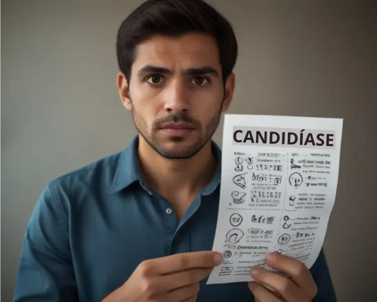 homem segurando um panfleto informativo com os sintomas da candidíase peniana em mãos