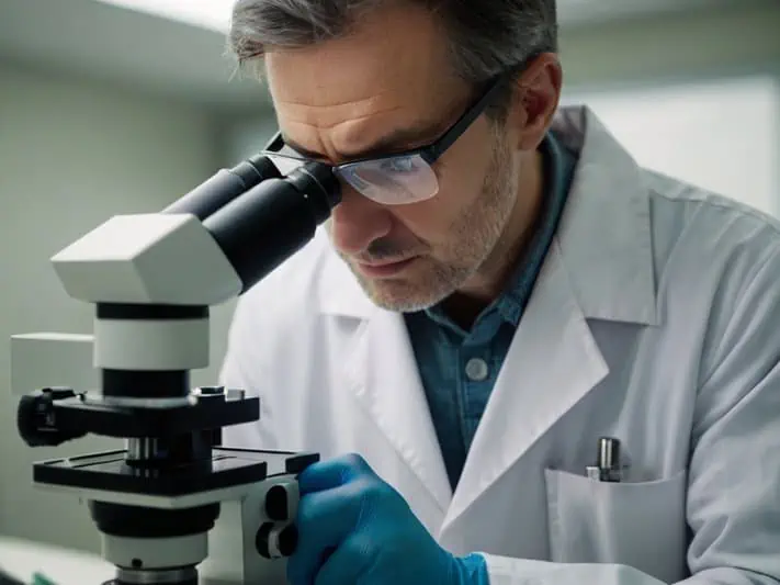 imagem de um médico fazendo exames microscópicos com fungos