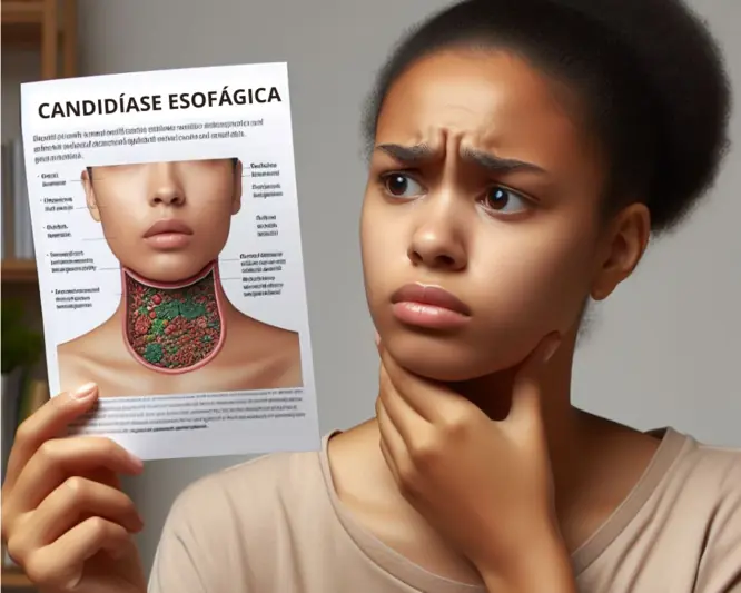 imagem de uma mulher com mão no pescoço e segurando um panfleto escrito candidíase esofágica