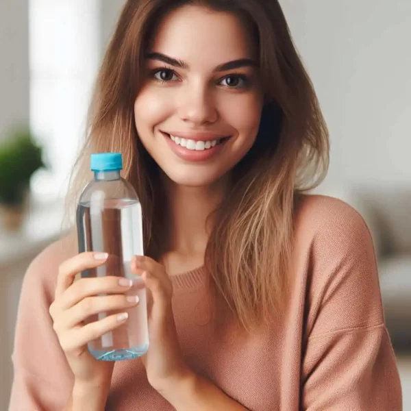 uma mulher com sorriso de alivio com uma garrafa de agua boricada utilizada em tratamentos contra a candidiase vaginal