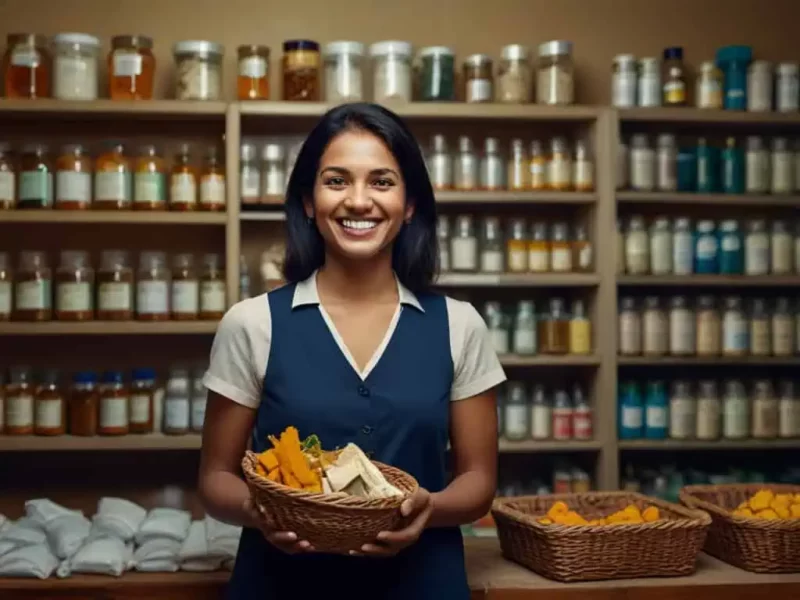 uma mulher sorridente segurando uma cesta com produtos naturais em uma farmácia indiana