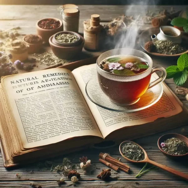 um livro de remédios naturais para candidíase aberto e cercado de produtos naturais, plantas medicinais e um chá contra fungos.