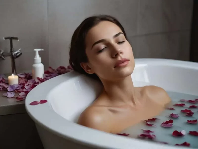um mulher deitada relxada em uma banheira com petalas de plantas medicinais e velas, simbolizando as precauções em tratamentos de saúde