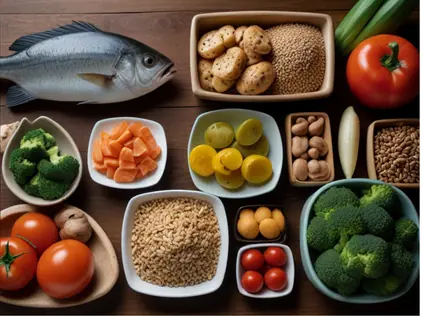 imagem de alimentos antifúngicos da dieta para candidíase separados em pratos diferentes