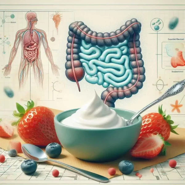 uma ilustração de um intestino humano com uma vasilia de probióticos utilizado para o tratamento da candidíase intestinal