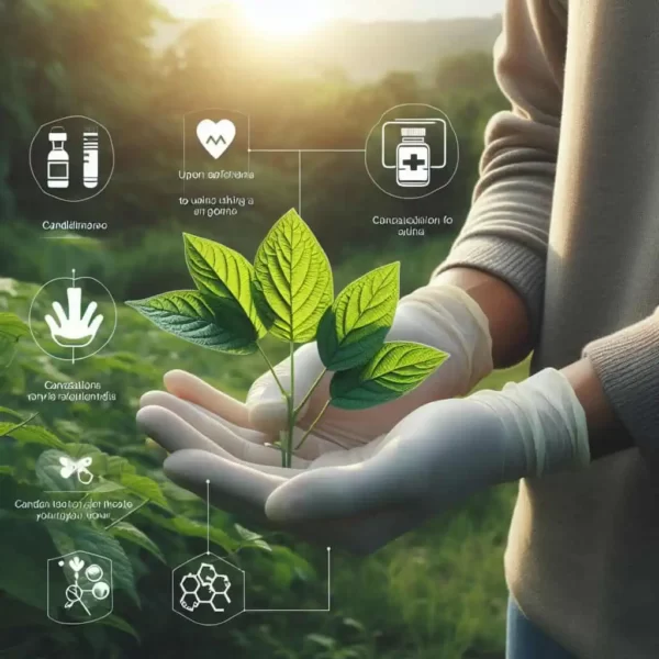 um pé de barbatimão germinado sendo segurado por mãos humanas e ilustrações de pesquisas cientificas sobre a planta medicinal