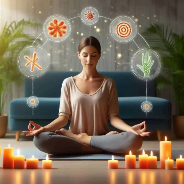 uma mulher praticando meditação com velas em torno dela e ilustrações de indicadores de saúde do corpo