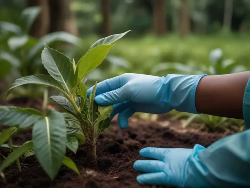 uma muda de barbatimão sendo plantada em terra por mãos humanas