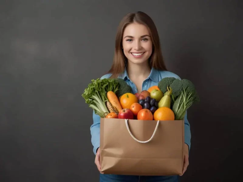 uma mulher segurando uma sacola de supermercado com alimentos como frutas, verdutas e legumes proprios da dieta para candidíase