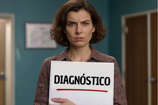 Uma mulher com sintomas da candidíase segurando uma placa escrita diagnóstico e com rosto de preocupação
