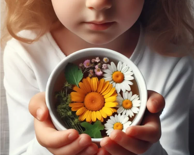 imagem de uma criança segurando uma xicara de chá antifúngico com plantas medicinais para o tratamento natural da candidíase infantil