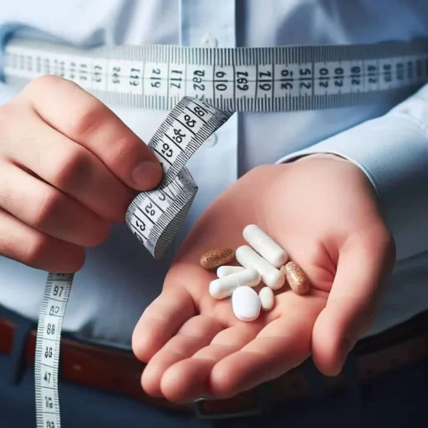 um homem segurando medicamentos para candidíase e diabetes e uma fita métrica para controlar peso.