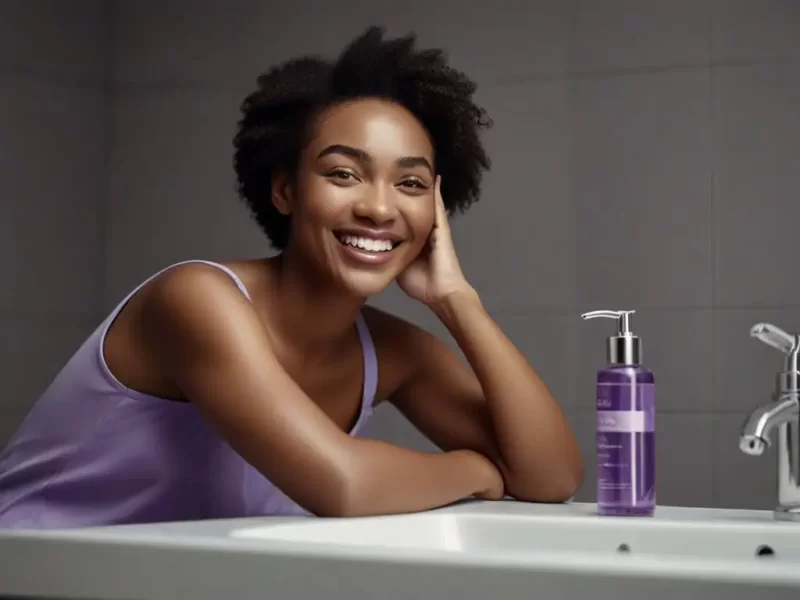 uma mulher debruçada na pia do banheiro e sorridente diante de um produto natural feito com violeta genciana
