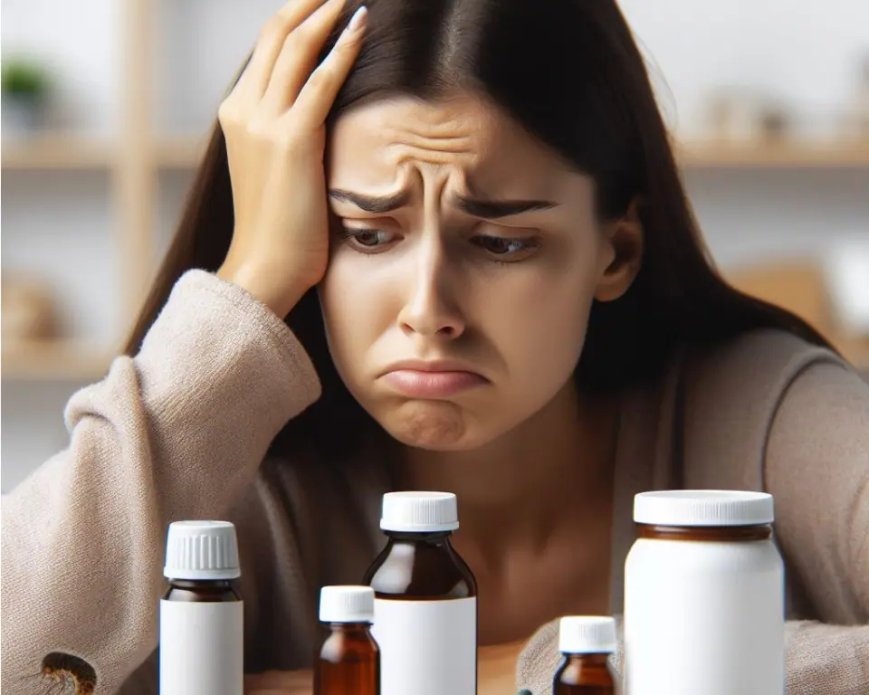 imagem de uma mulher com cara de desanimo olhando para remédios antifúngicos que não funcionaram contra a candidíase